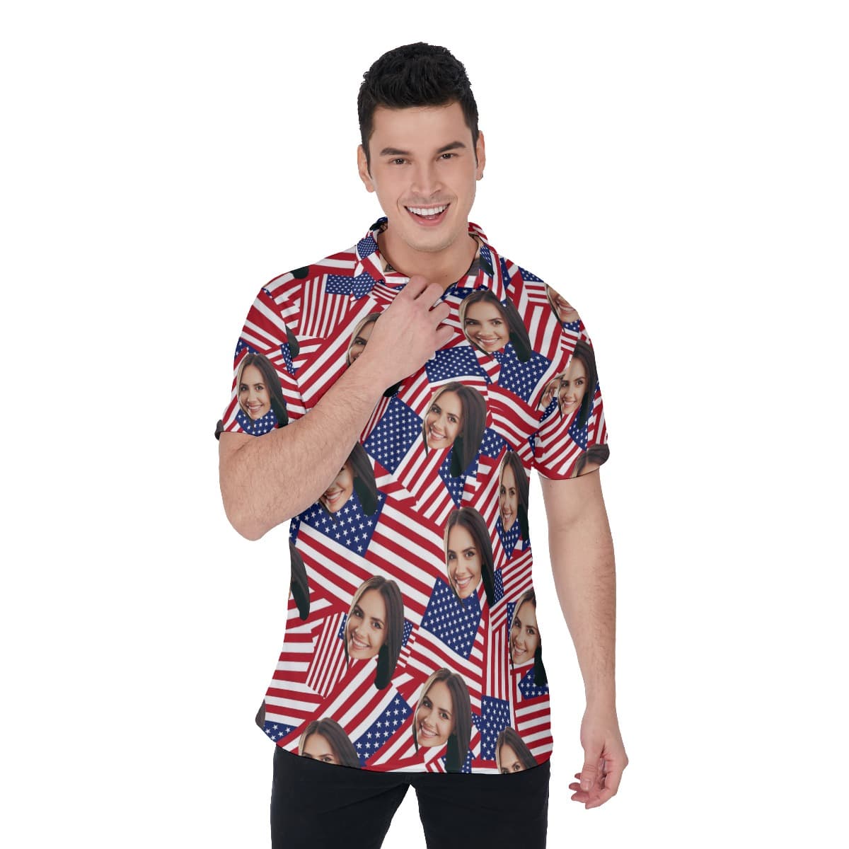 Custom Face USA Flag Polo Hawaiian Shirt For Men (1)