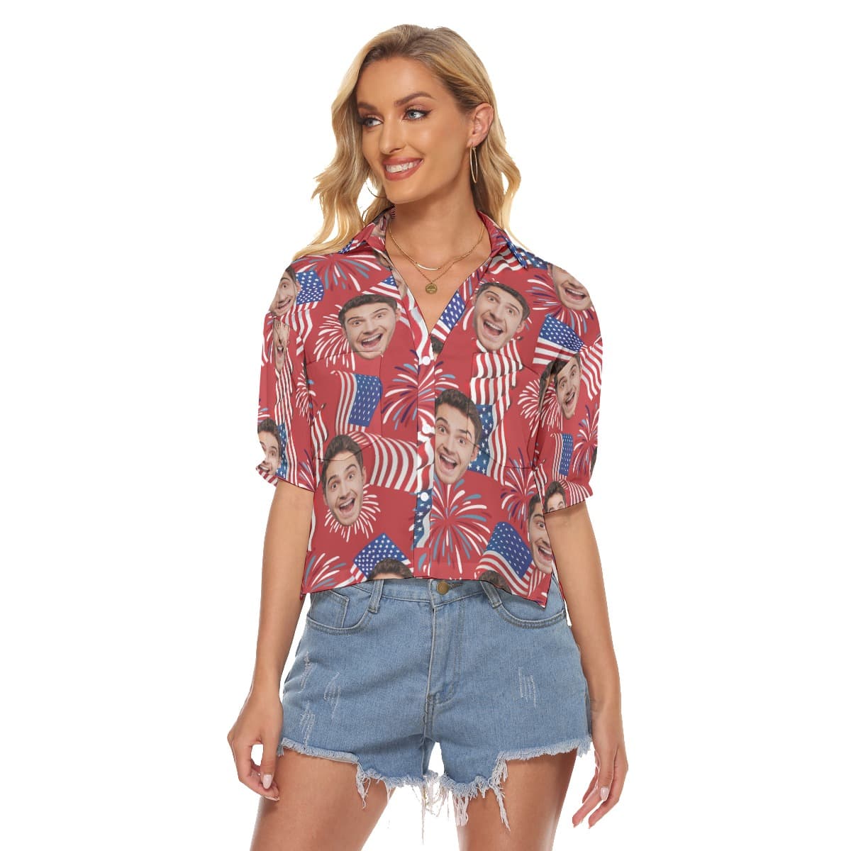 Custom Face With Firework And American Flag Hawaiian Cropped Shirt (4)