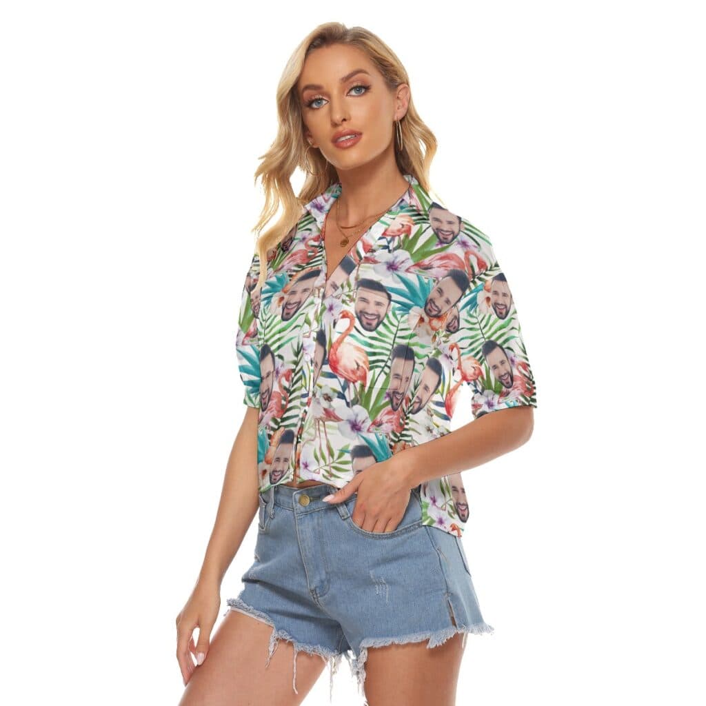 Custom Floral Flamingo Hawaiian Crop Top Shirt With Face