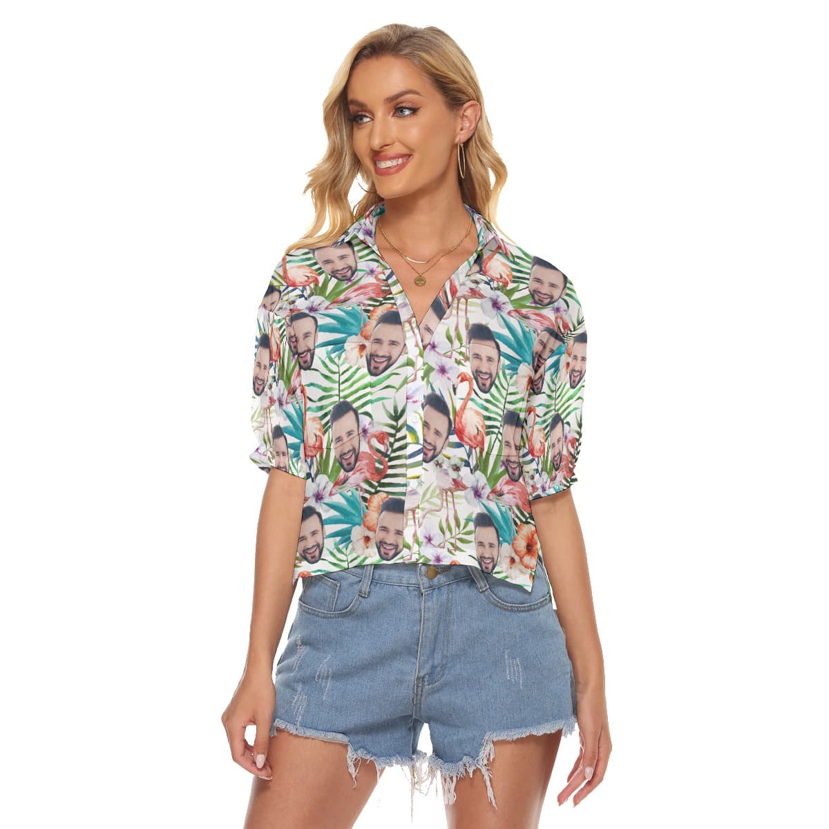 Custom Floral Flamingo Hawaiian Crop Top Shirt With Face (3)