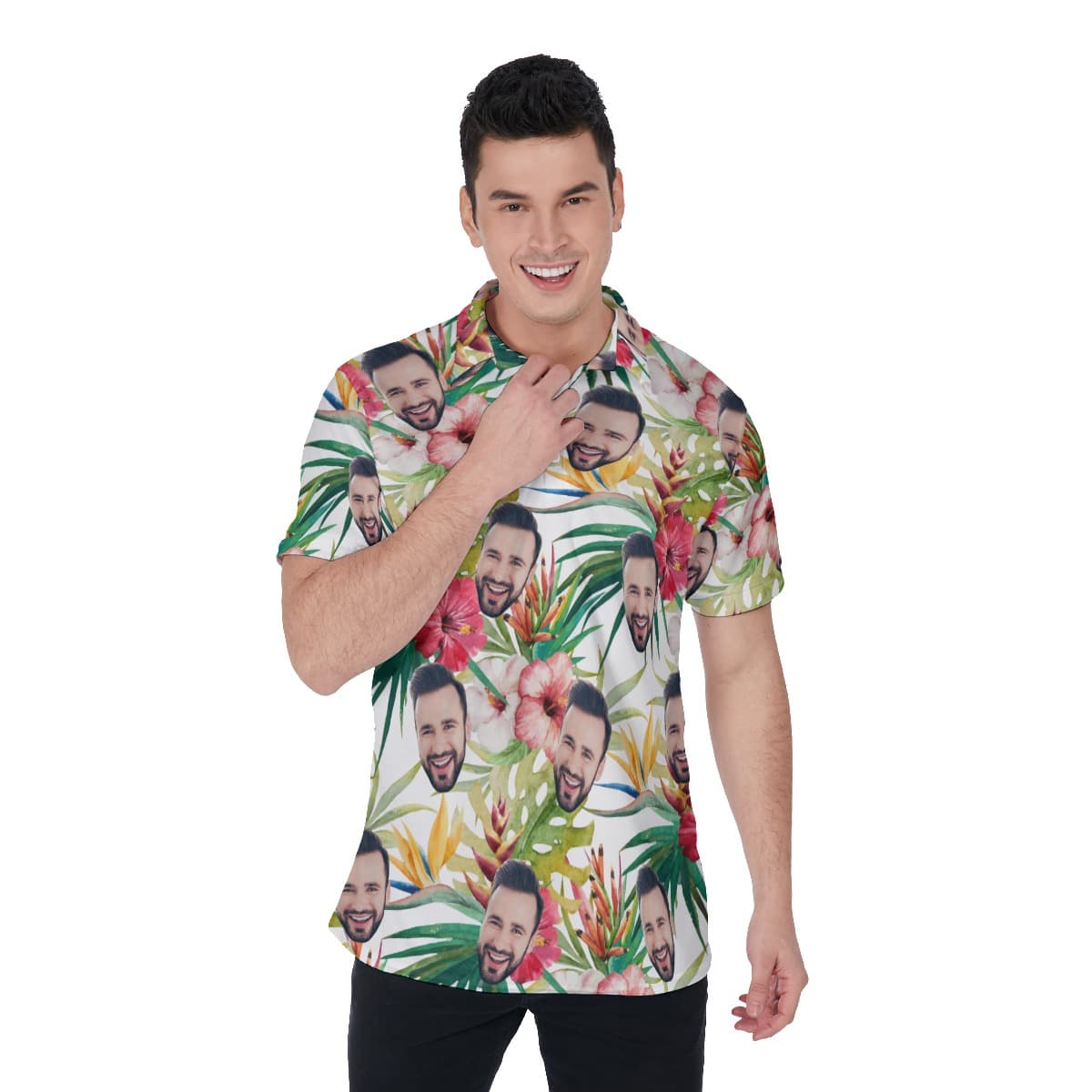 Custom Floral Hibicus Hawaiian Polo Shirt With Face