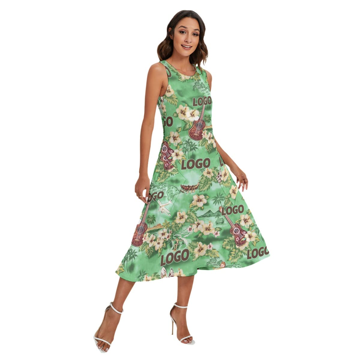 Custom Logo Green Floral Aloha Long Dress With Pockets (2)