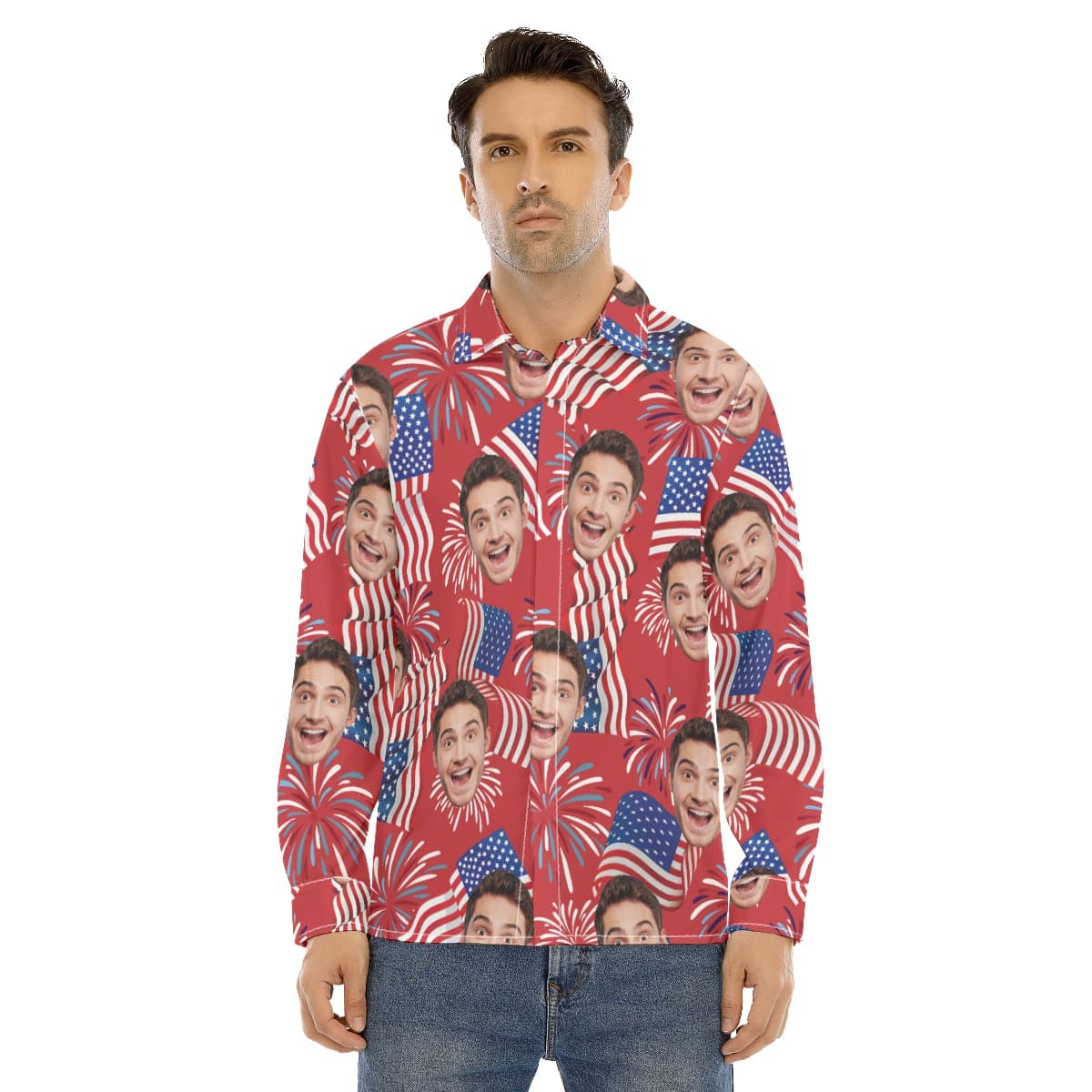 Custom Patriotic Hawaiian Long Sleeve Shirt With Face