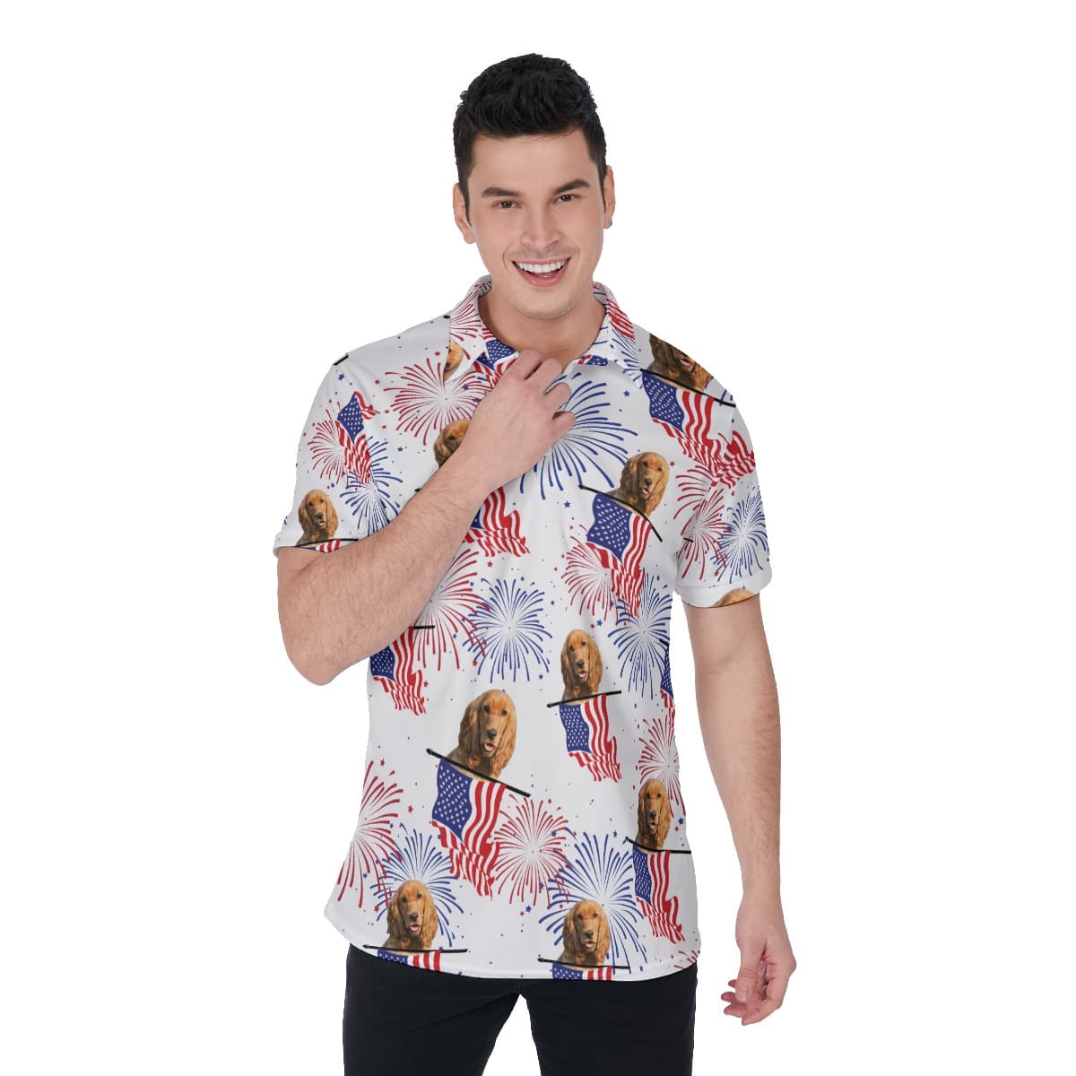 Custom Patriotic Hawaiian Polo Shirt With Dog Face