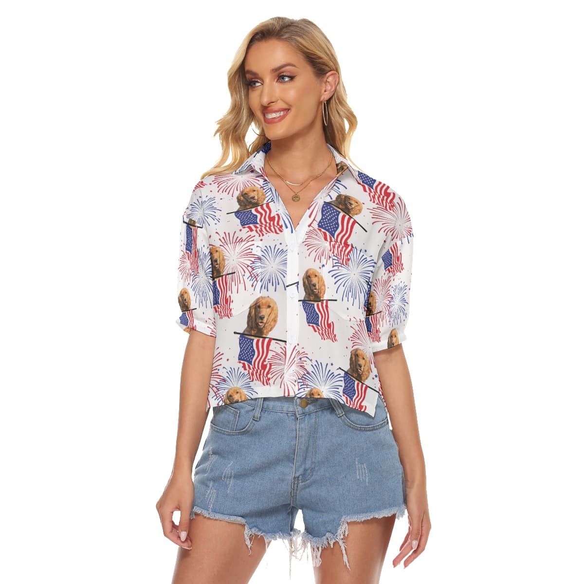 Custom Pet Face Patriotic Hawaiian Cropped Shirt (4)