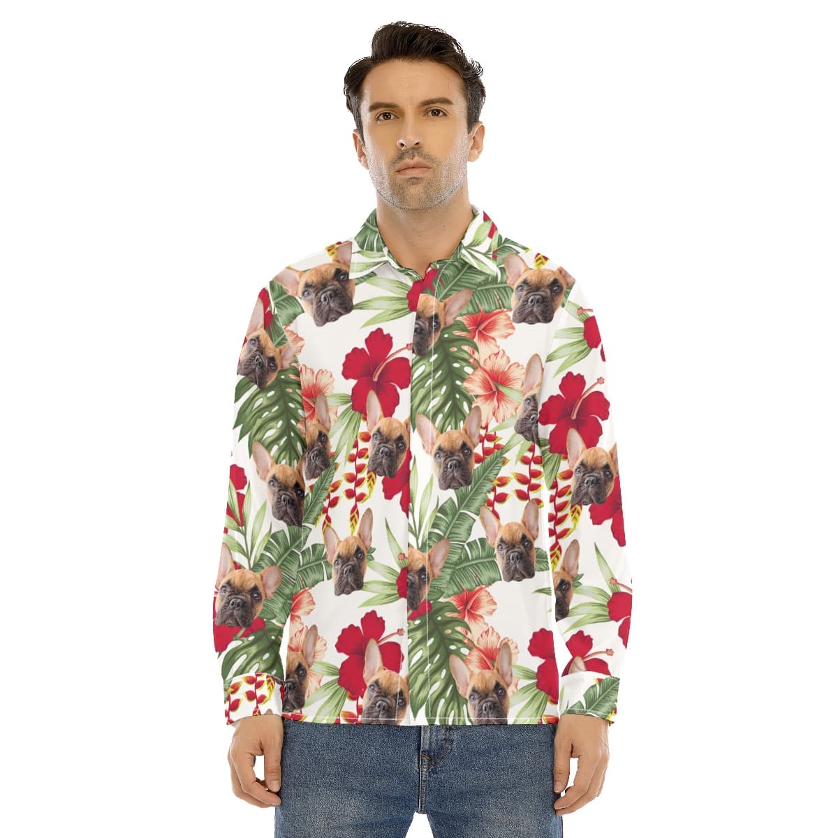 Custom Pet Photo Long Sleeve Hawaiian Shirts For Men (2)