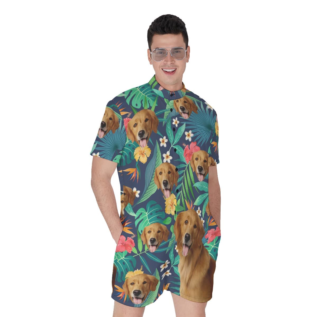 Custom Tropical Hawaiian Romper With Dog Face (1)