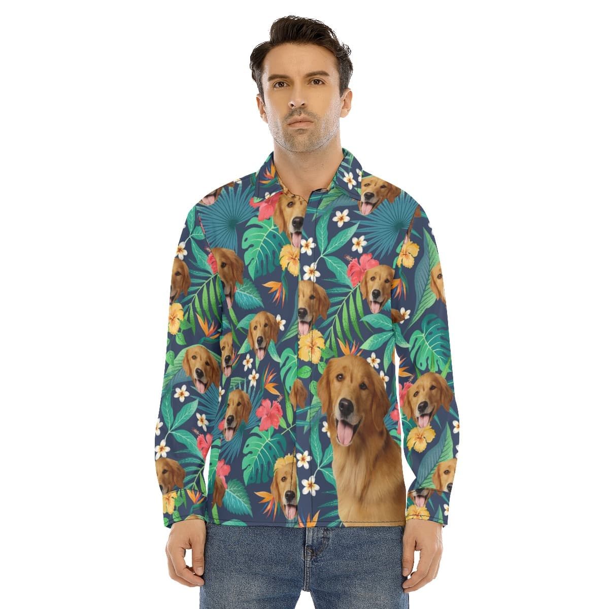 Custom Tropical Long Sleeve Hawaiian Shirt With Dog Face (1)