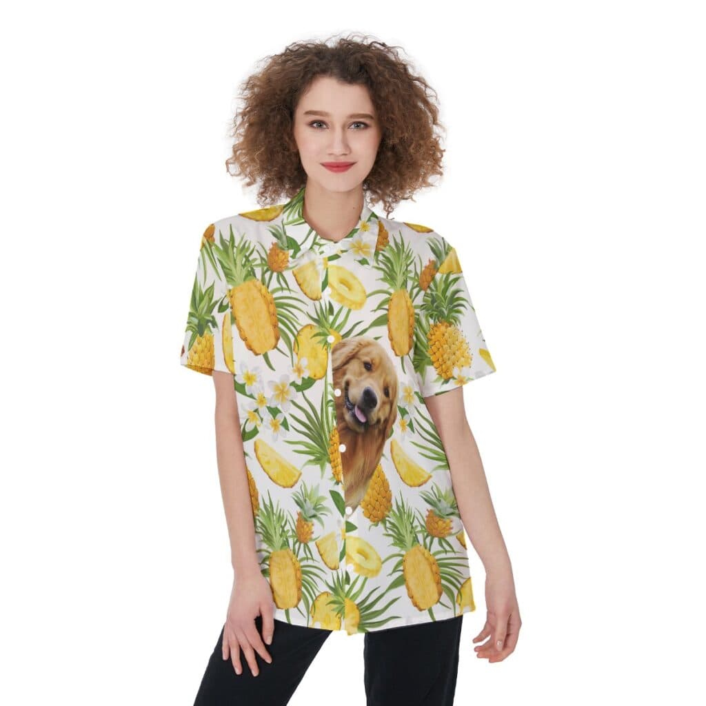 Cute Custom Dog Face Tropical Pineapple Aloha Shirt For Women