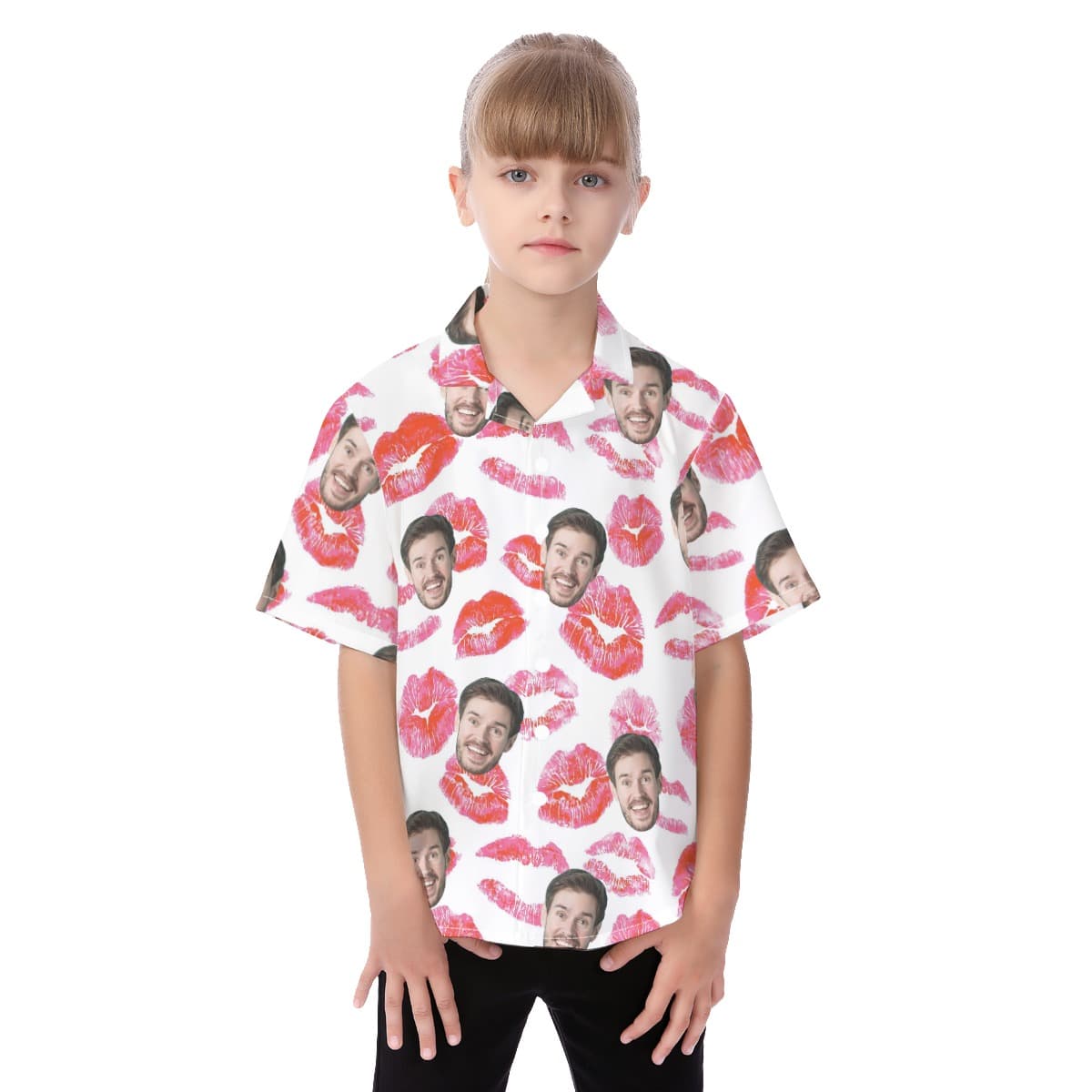 Cute Custom Face With Red Lips Hawaiian Shirt For Kids