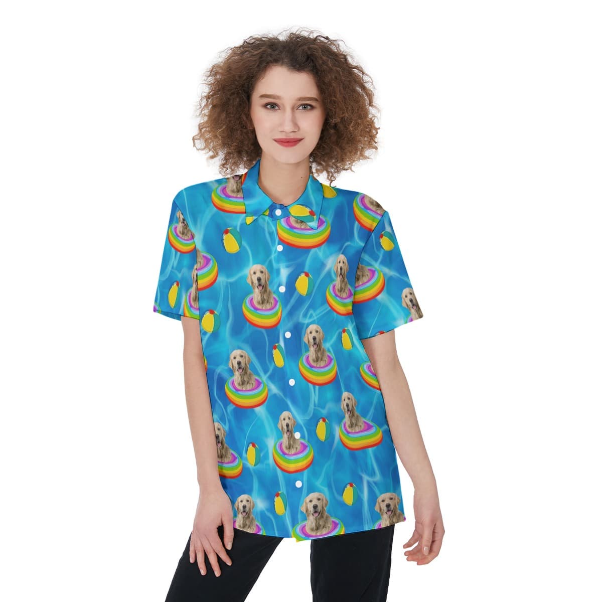 Cute Custom Pet Face Swimming Pool Hawaiian Shirt For Women