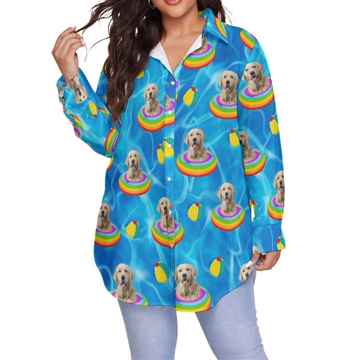 Cute Custom Pet Face Swimming Pool Patterns Hawaiian Plus Size Shirt For Women (4)