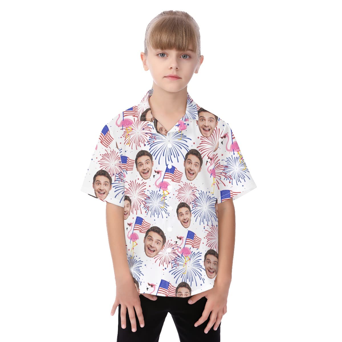 Cute Patriotic Flamingo Custom Face Hawaiian Shirt For Kids
