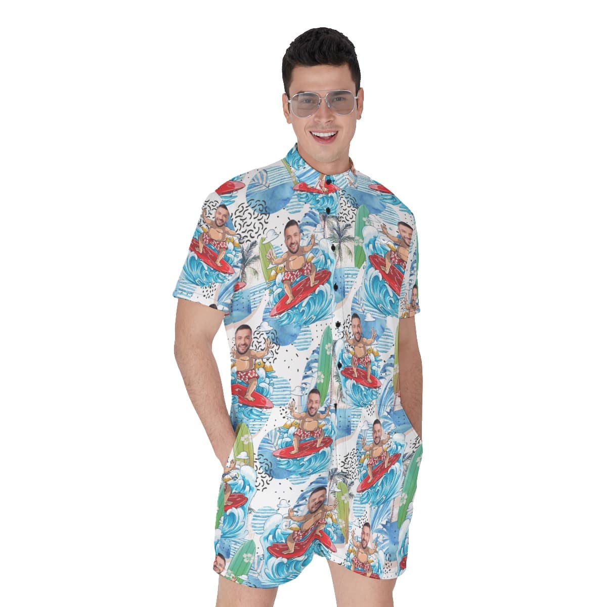Cute Surfing Man Custom Face Hawaiian Romper (4)