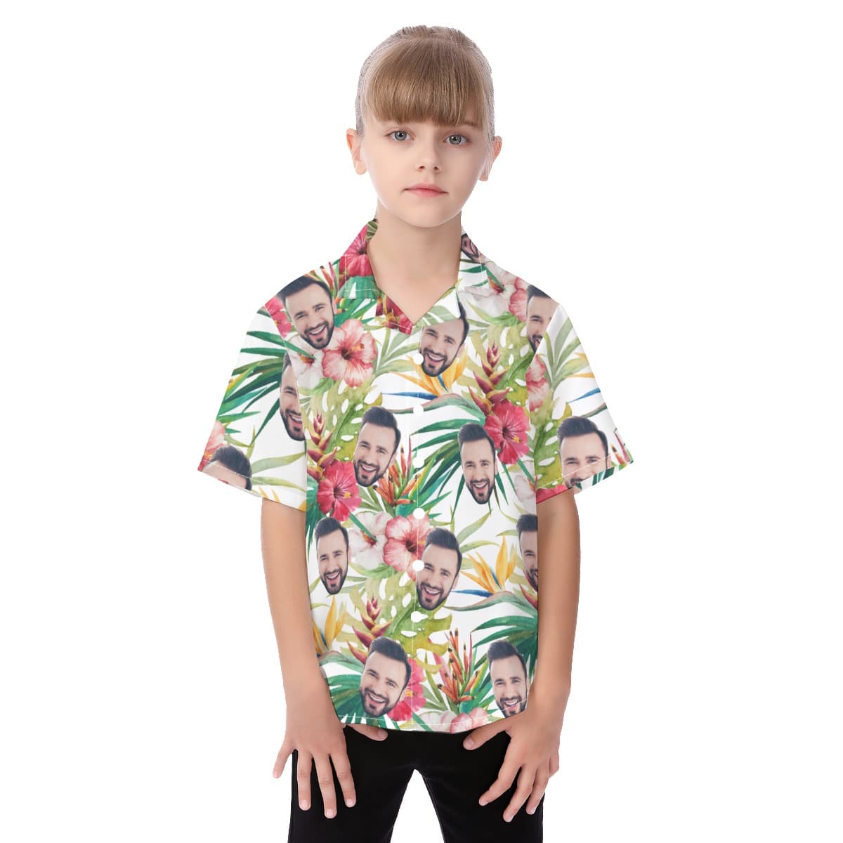 Cute Tropical Hibicus Custom Face Hawaiian Button Up Shirt For Kids