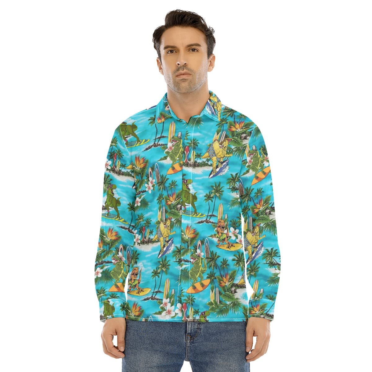 Dinosaur Surfing Tropical Men's Hawaiian Long Sleeve Shirt