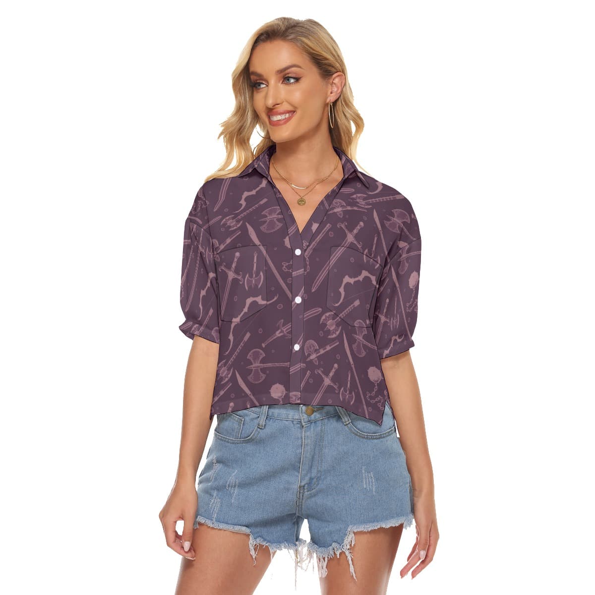 Dnd Medieval Weapons Cropped Hawaiian Shirt For Women (1)
