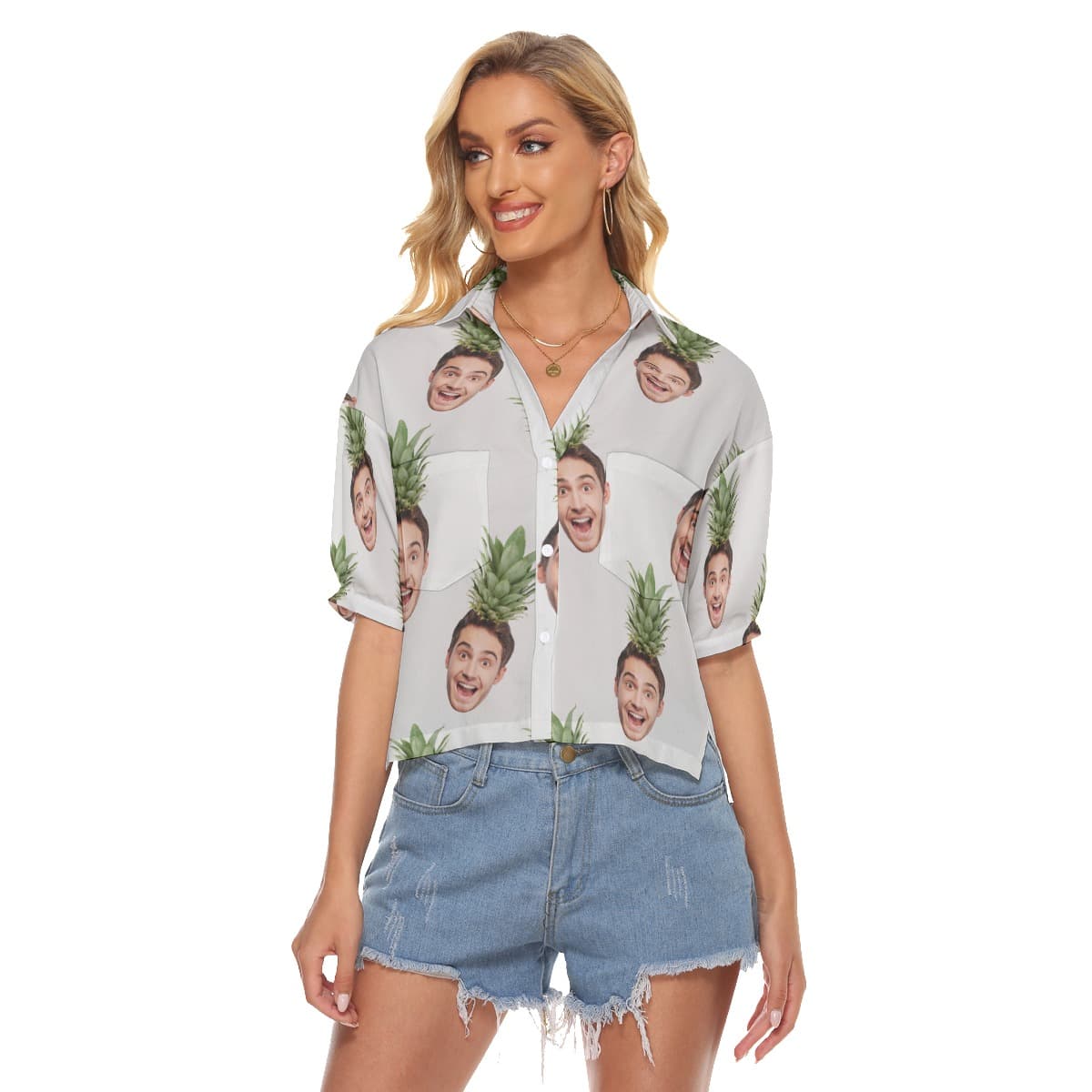Face Custom Cropped Aloha Shirt For Women (1)