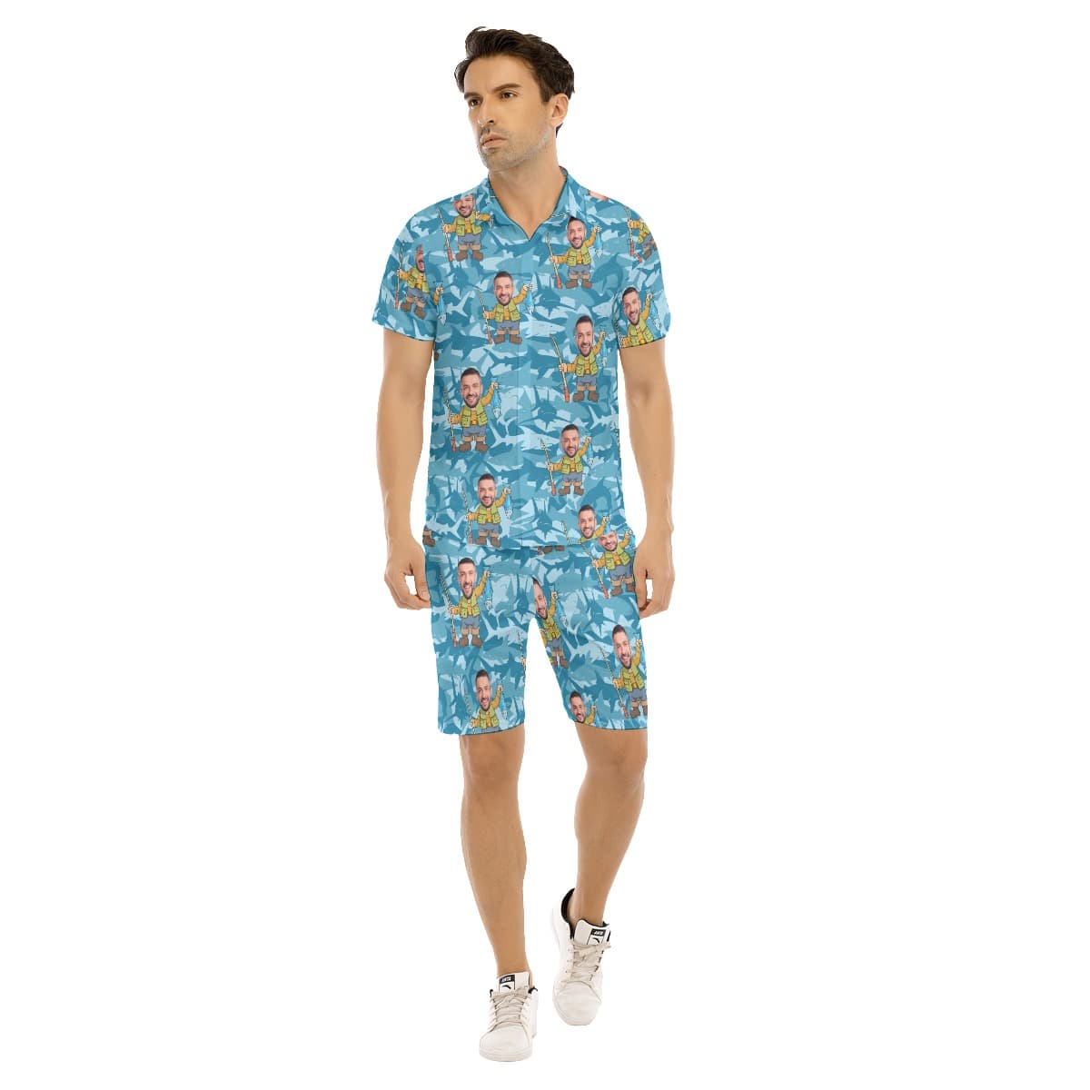 Fishing Custom Face Hawaiian Shirt Set For Men (1)
