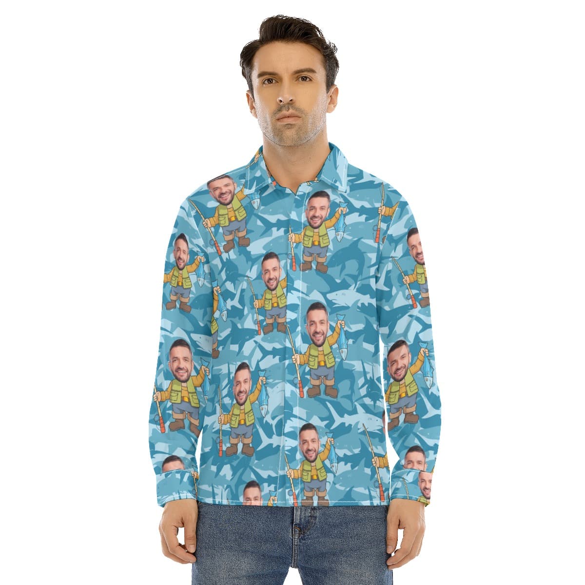 Fishing Custom Face Long Sleeve Hawaiian Shirt For Men (1)