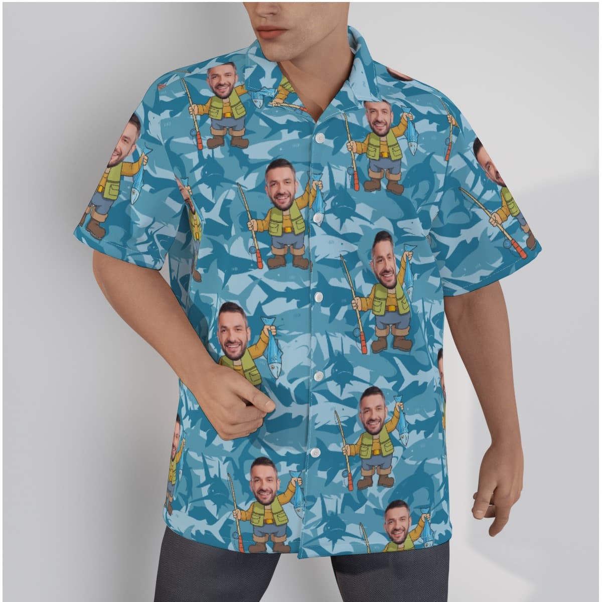 A blue Hawaiian shirt with shark theme pattern, with custom face on a fisherman catching a fish so funny