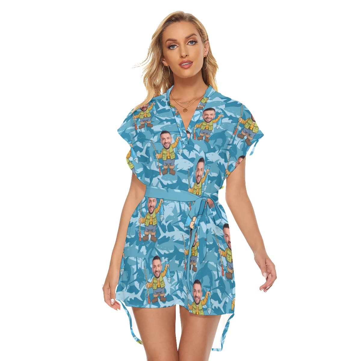 Fishing Man Custom Face Women’s Aloha Dress With Tie Belt (1)