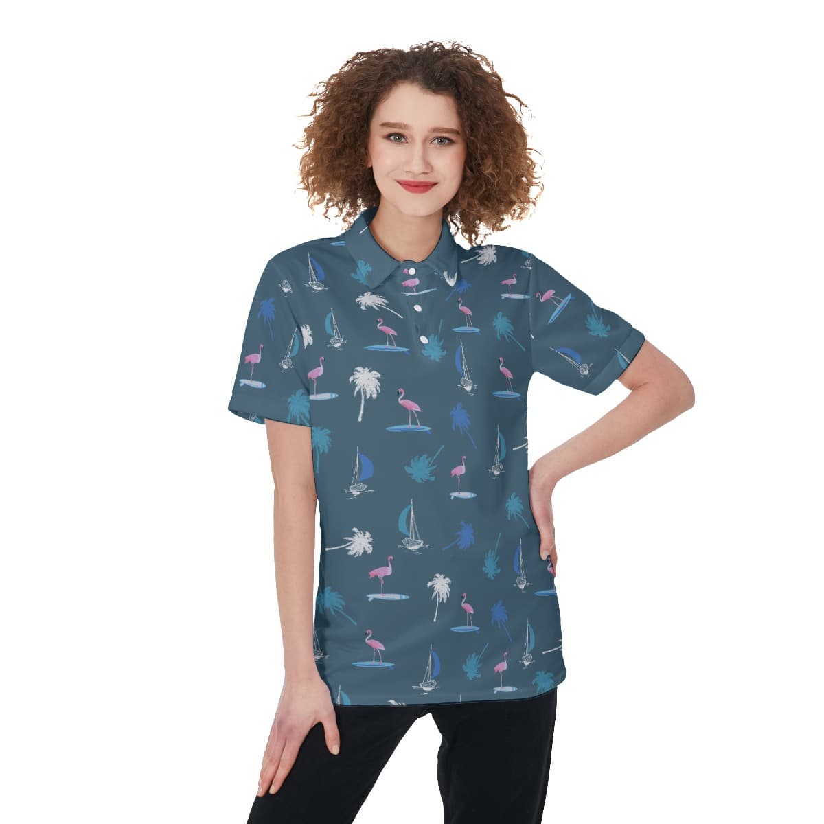 Flamingo And Palm Tree Women's Navy Golf Shirt
