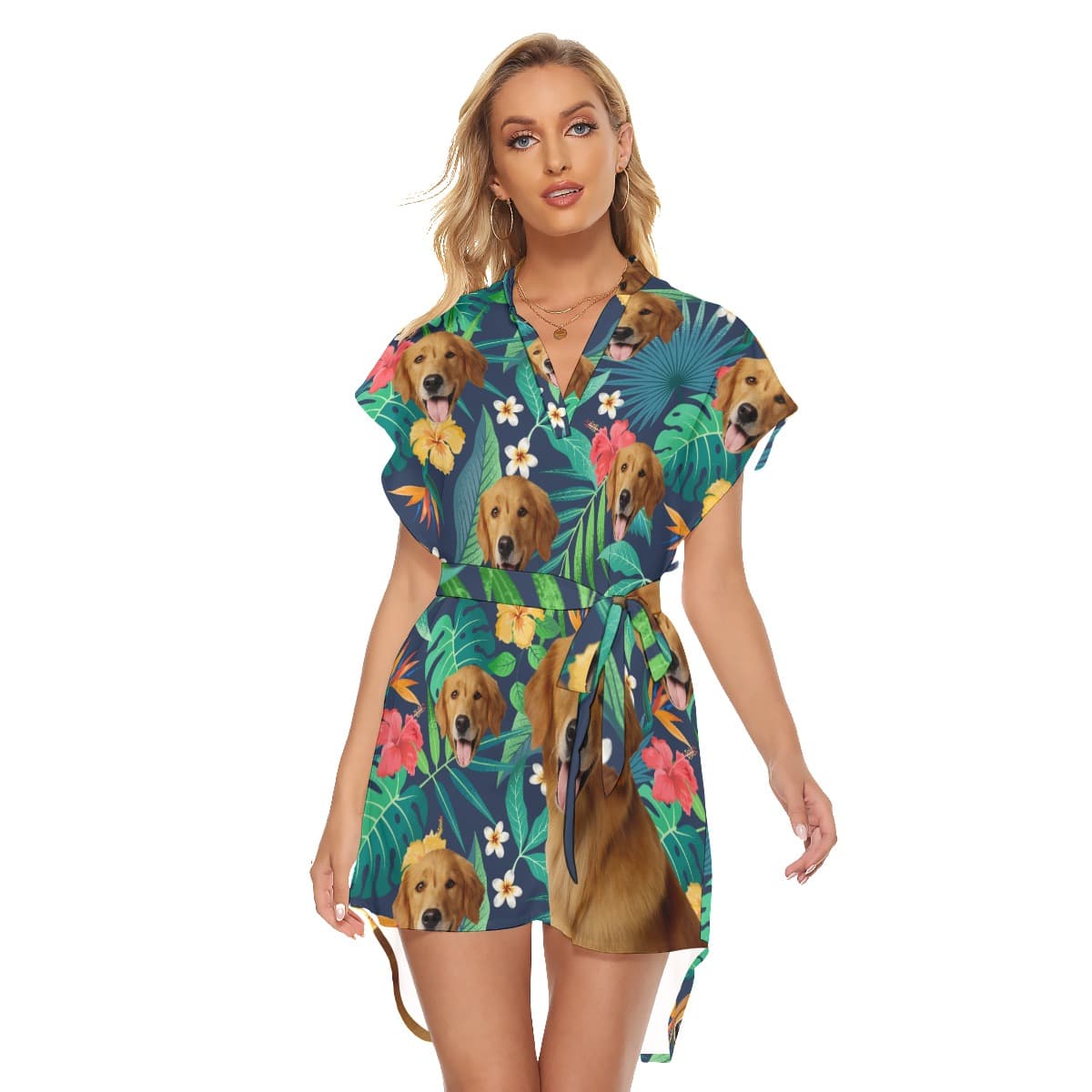 Floral Belted Hawaiian Dress With Dog Face (1)