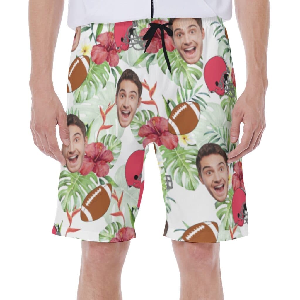 Floral Custom Face Football Hawaiian Swim Trunks For Men