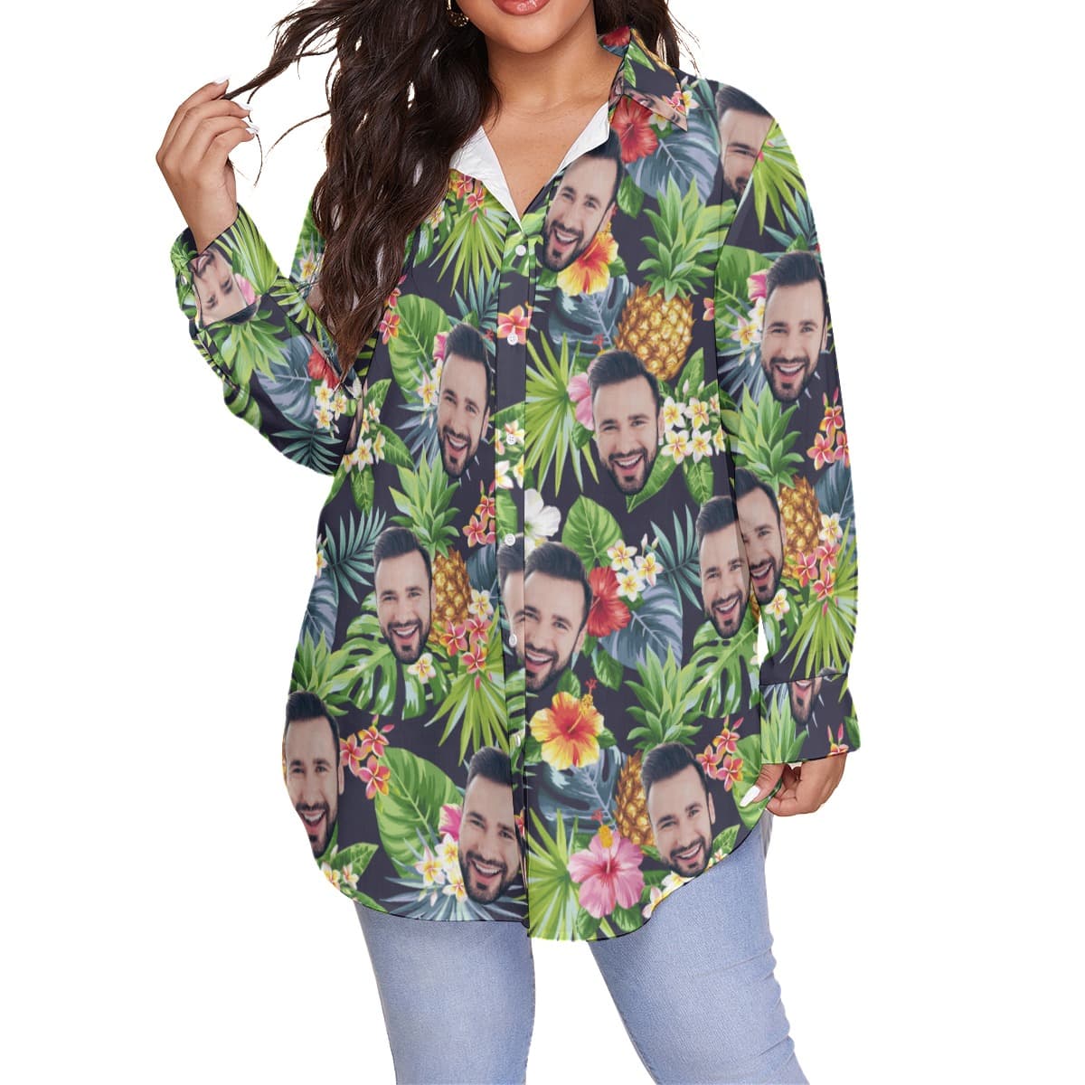Floral Custom Face Plus Size Long Sleeve Hawaiian Shirt For Women (4)