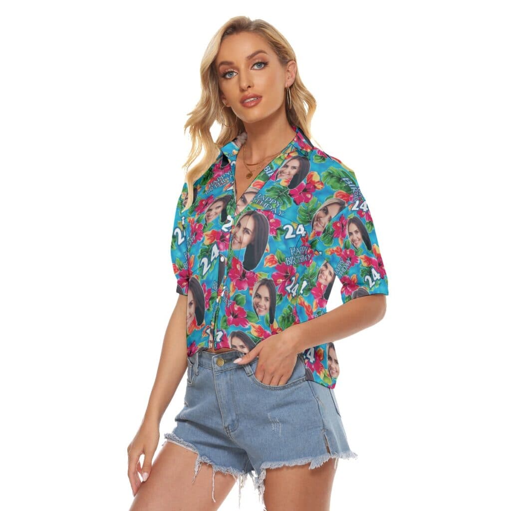 Floral Custom Face Theme Birthday Aloha Cropped Shirt For Women