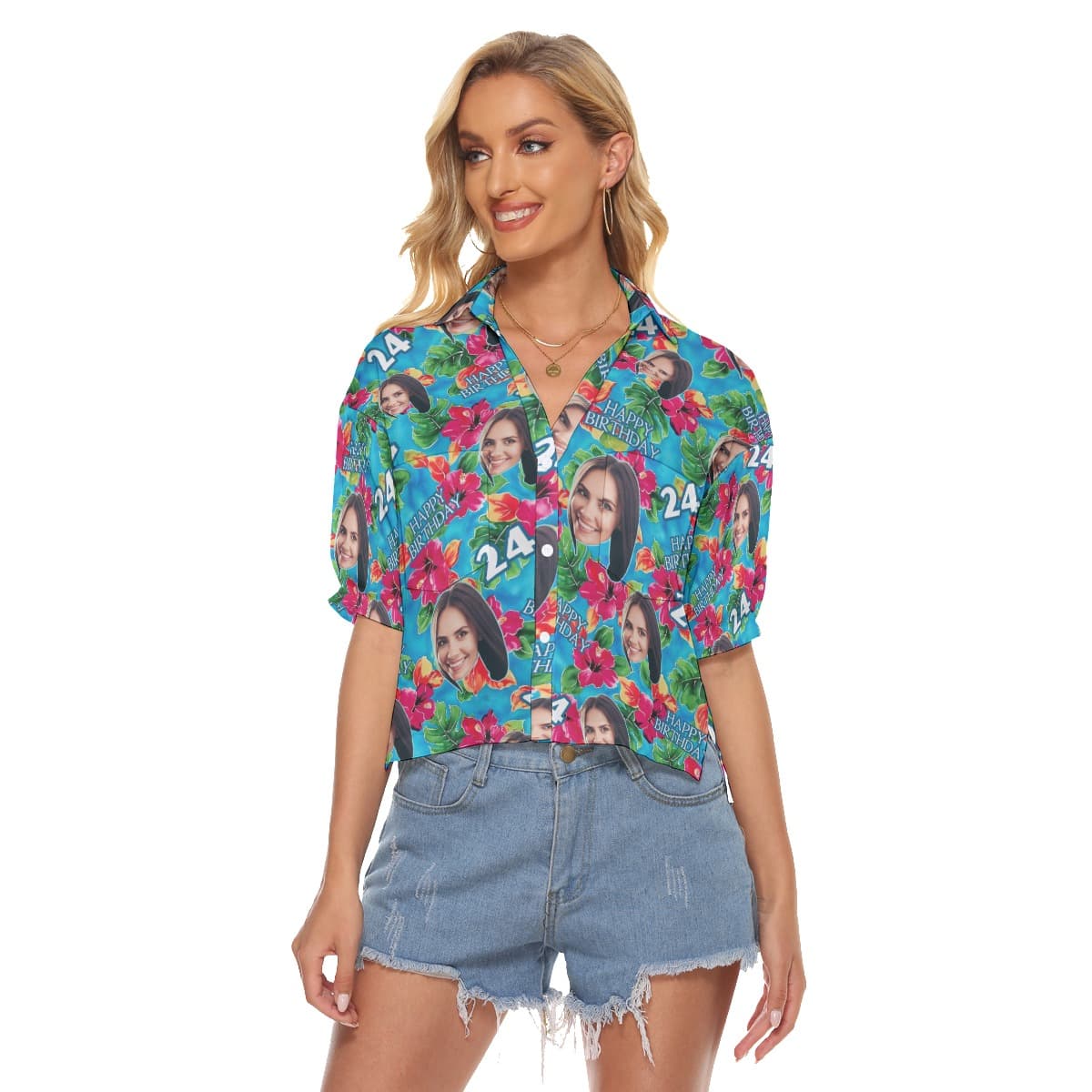 Floral Custom Face Theme Birthday Aloha Cropped Shirt For Women (4)