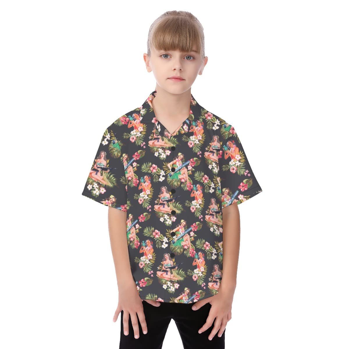 Floral Gun And Hula Girls Hawaiian Shirt For Kids (1)