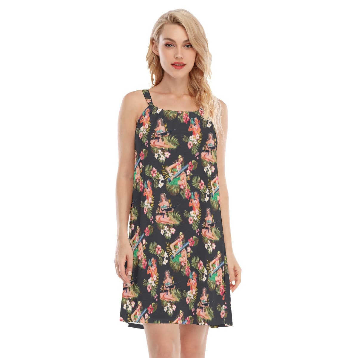 Floral Hula Girls And Gun Hawaiian Dress (1)