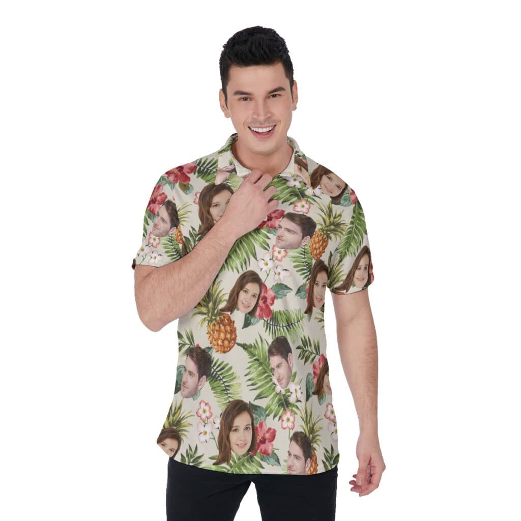 Floral Pineapple Custom Face Hawaiian Polo Shirt For Men