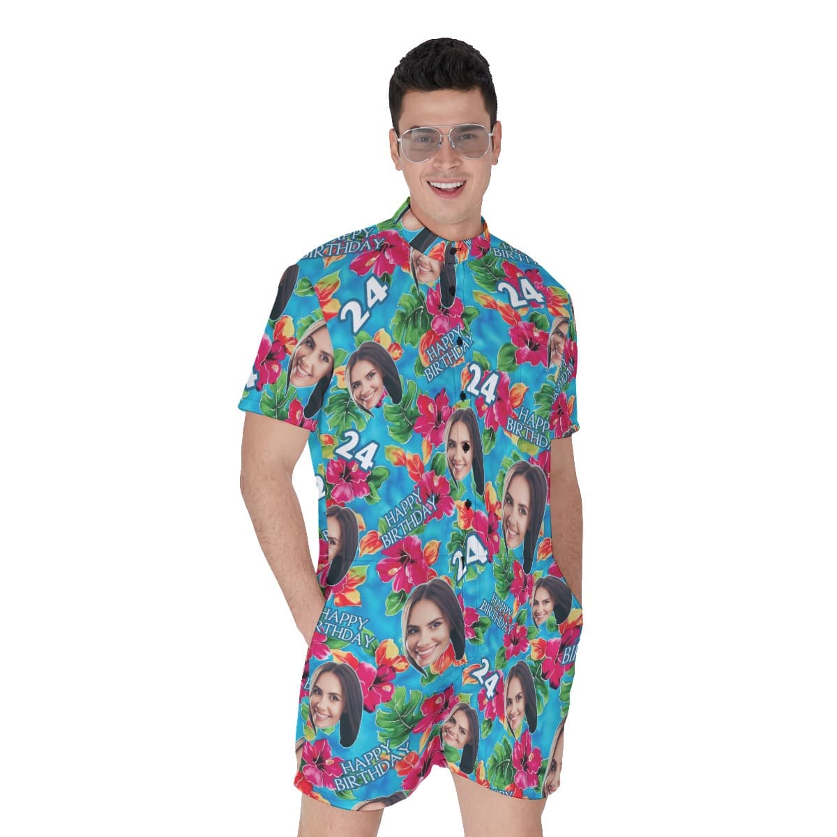 Funny Birthday Custom Face Floral Men's Hawaiian Romper