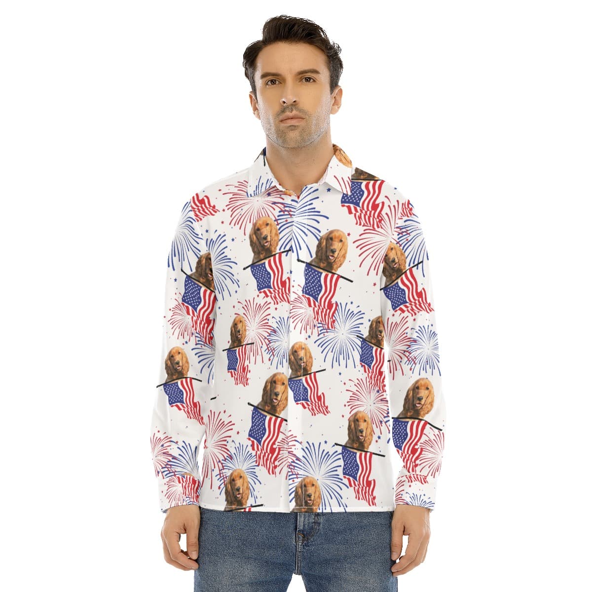 Funny Custom Dog Face Patriotic Hawaiian Long Sleeve Shirt (1)