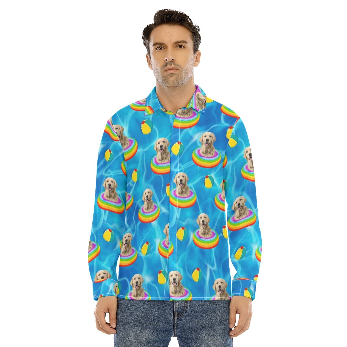 Funny Custom Dog Face Swimming Patterns Hawaiian Long Sleeve Shirt (4)