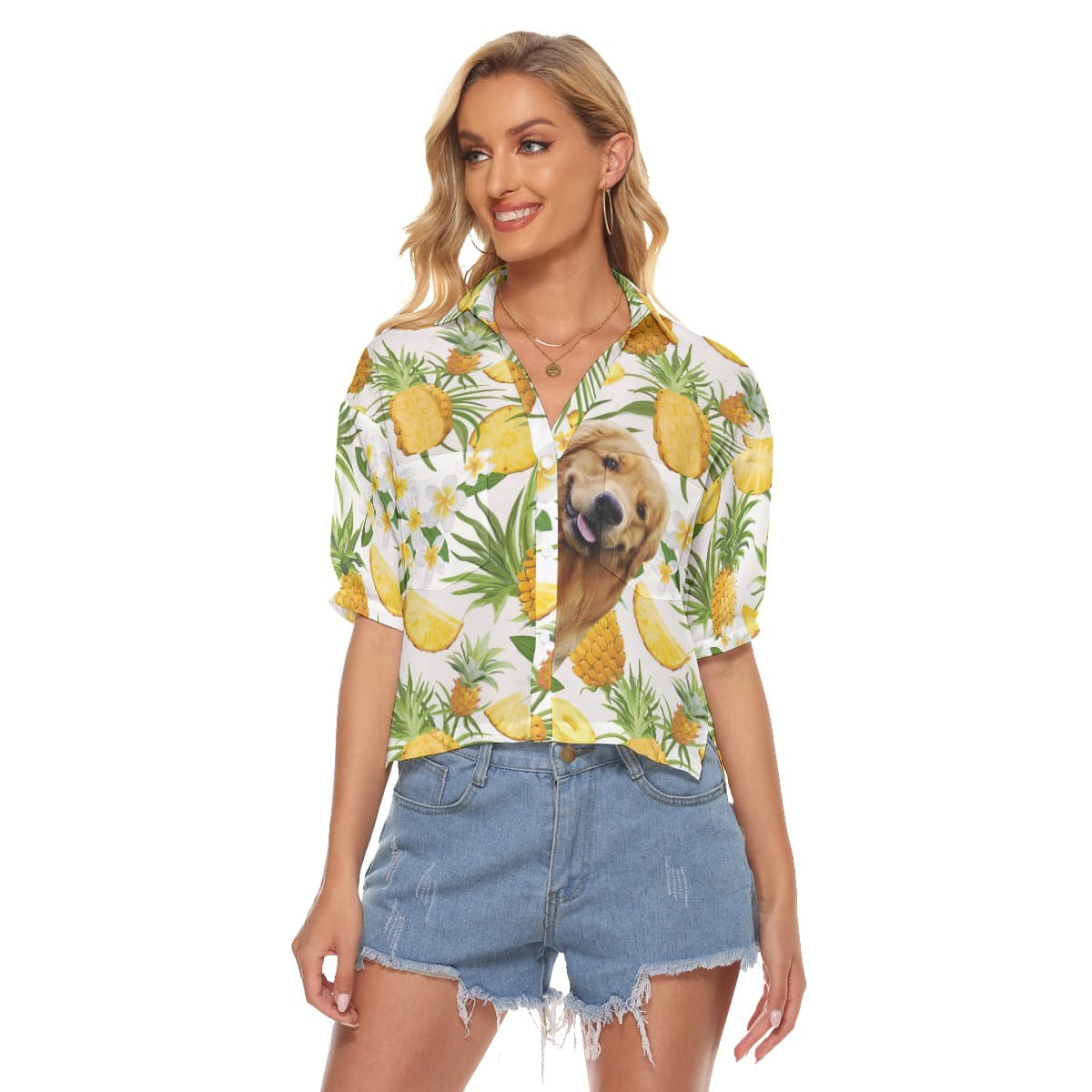 Funny Custom Dog Face Tropical Hawaiian Cropped Shirt For Women (3)