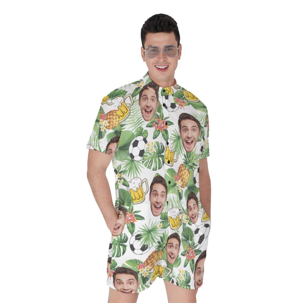 Funny Custom Face Beer And Soccer Hawaiian Romper For Men