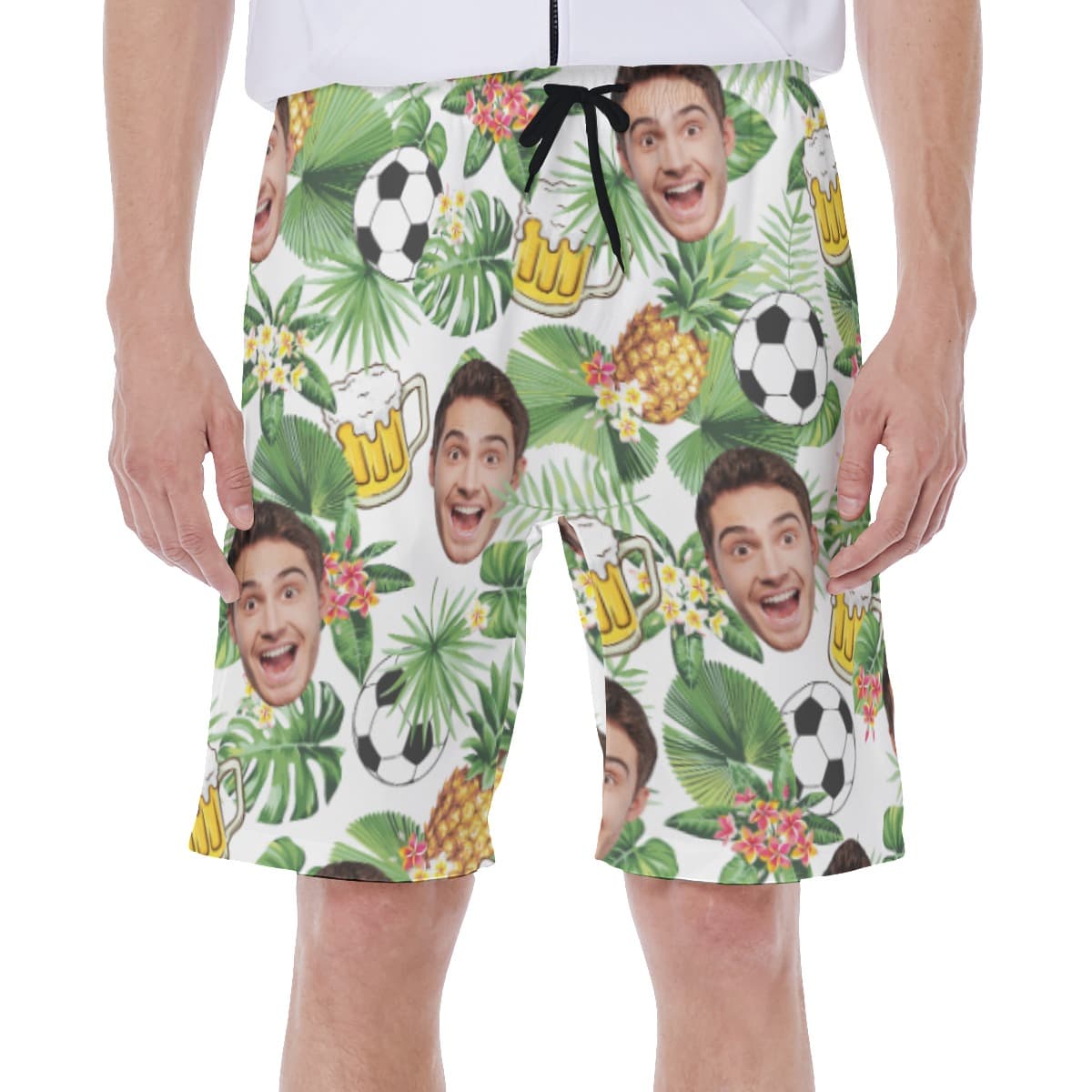 Funny Custom Face Beer And Soccer Hawaiian Swim Trunks For Men