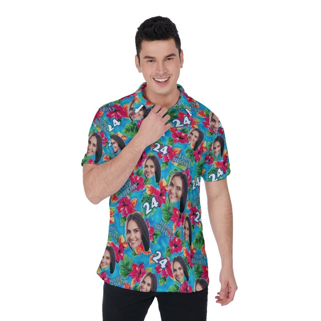 Funny Custom Face Birthday Floral Hawaiian Polo Shirt
