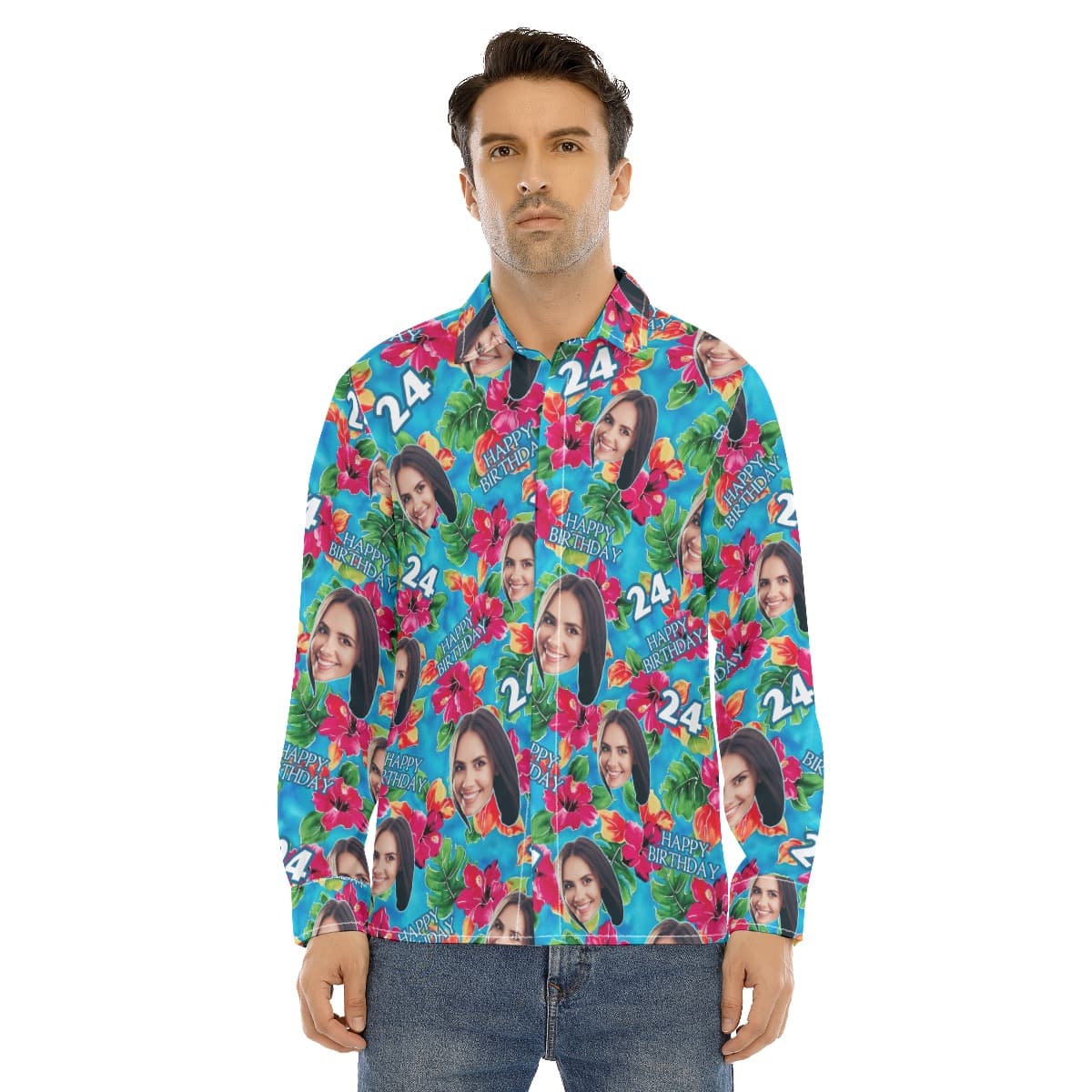 Funny Custom Face Birthday Hawaiian Long Sleeve Shirt