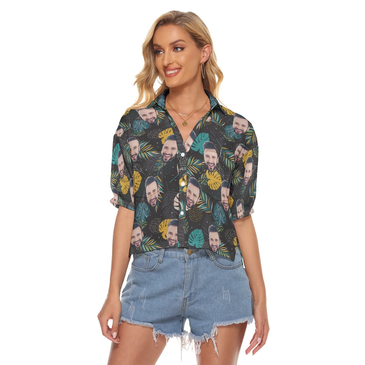 Funny Custom Face Button Up Crop Top (1)