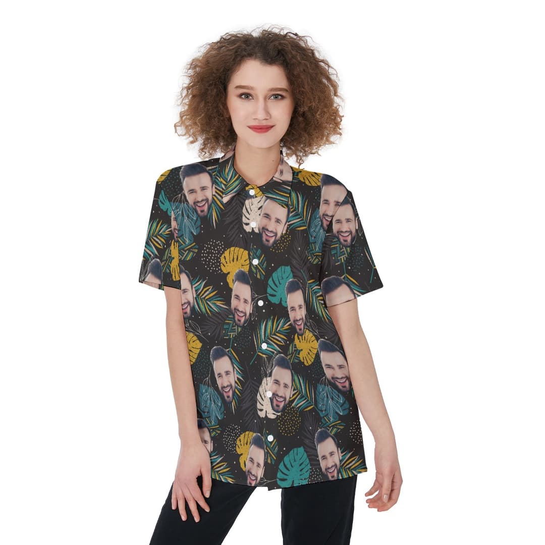 Black Custom Face Button Up Shirt For Women has tropical motifs on a black background shirt, especially you can custom your faces all over the shirt to make it unique and totally yours