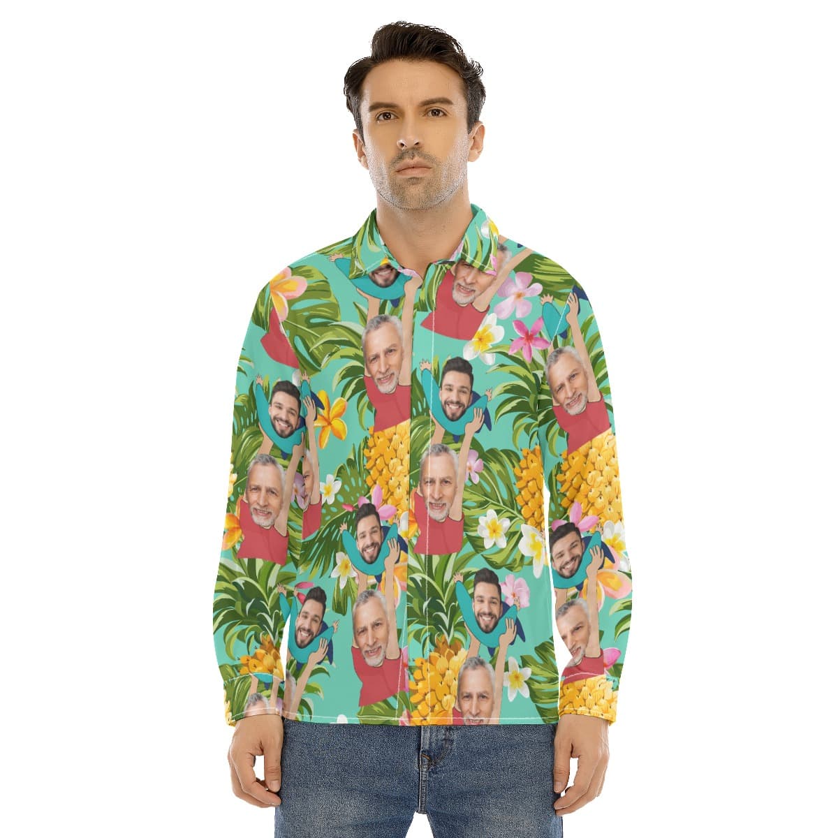 Funny Custom Face Father’s Day Tropical Hawaiian Long Sleeve Shirt (1)
