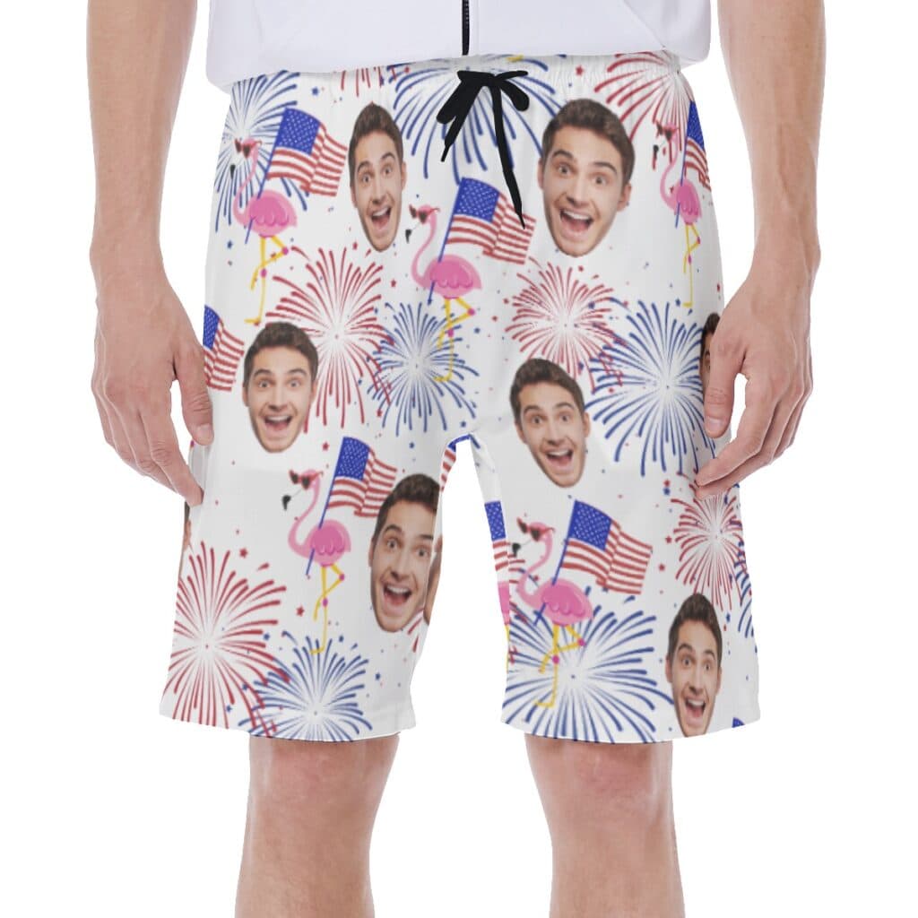 Funny Custom Face Flamingo Patriotic Hawaiian Swim Trunks
