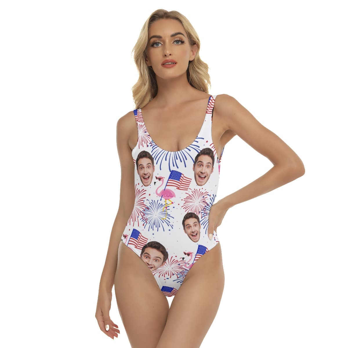 Funny Custom Face Flamingo Patriotic Summer Swimsuit For Women (4)