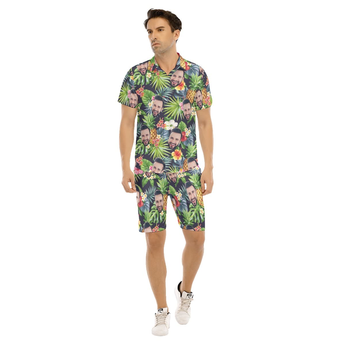 Funny Custom Face Floral Pineapple Hawaiian Shirt And Shorts For Men (1)