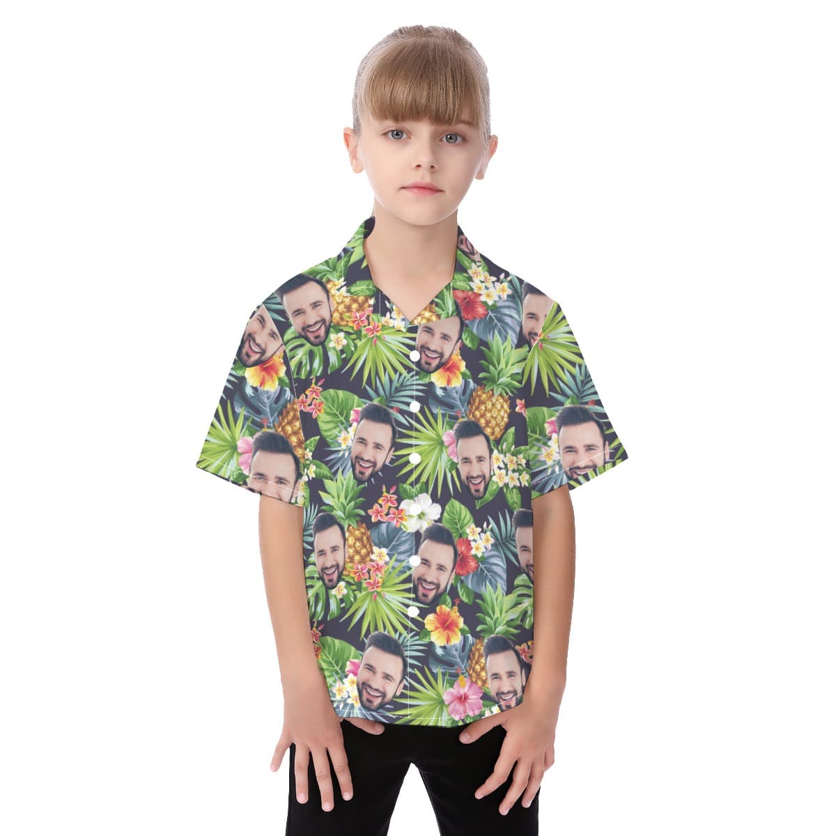 Funny Custom Face Mix Floral Patterns Kid’s Button Up Shirt (1)